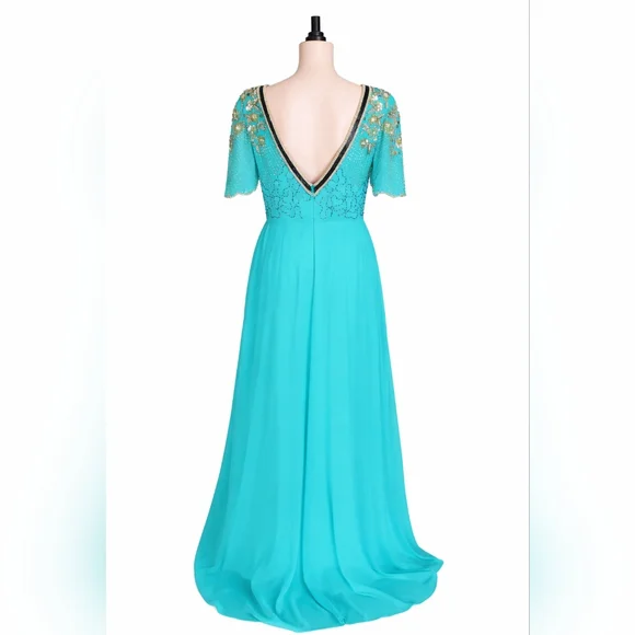 VIRGOS LOUNGE Reina Embelished Teal Maxi Dress with Gold Detailing NWT US  10 - coffeafoods.com